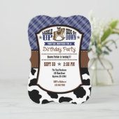 ネイビーブループレイドコウィドカウボーイ誕生日招待状 招待状 (スタンド正面)
