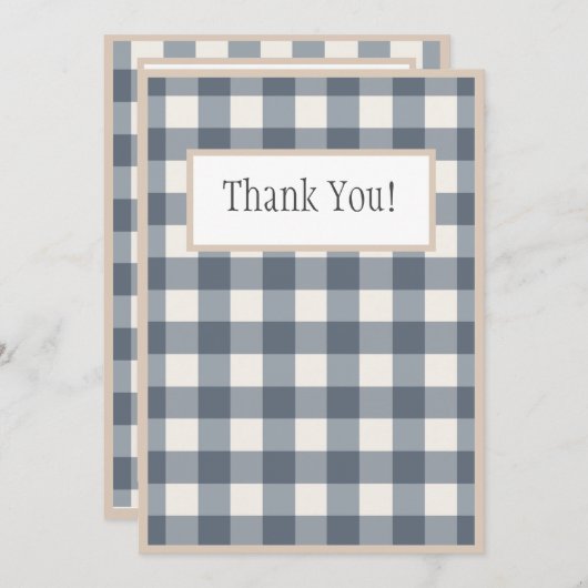 ネイビーブループレイドジンガムカントリー結婚式 サンキューカード (正面/裏面)