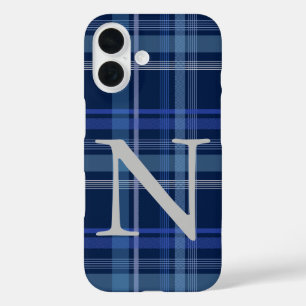 ネイビーブループレイドタータンチェックかわいいレトロモノグラム iPhone 16ケース