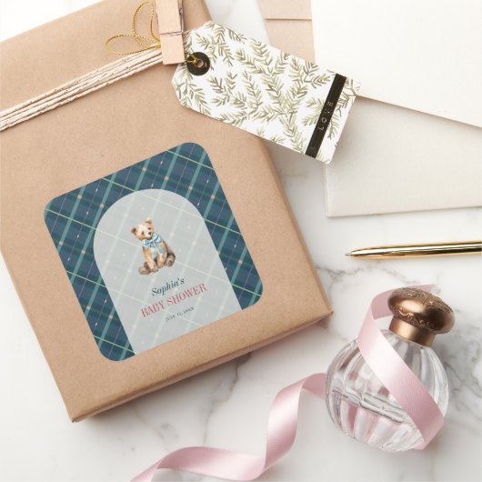 ネイビーブループレイドテディベアボーイベビーシャワー スクエアシール (ギフト)