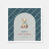 ネイビーブループレイドテディベアボーイベビーシャワー スタンダードカクテルナプキン (正面)