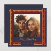 ネイビーブループレイドリボン縁どクリスマスカード シーズンカード (正面/裏面)