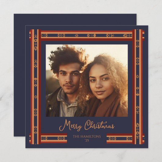 ネイビーブループレイドリボン縁どクリスマスカード シーズンカード (正面/裏面)