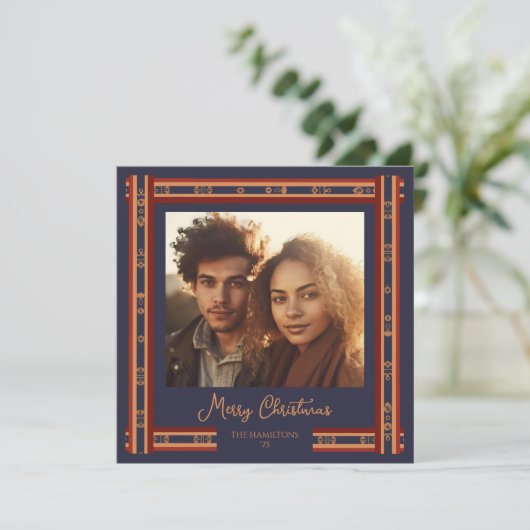 ネイビーブループレイドリボン縁どクリスマスカード シーズンカード (スタンド正面)