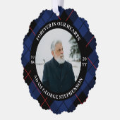 ネイビーブループレイド永遠に私たちのハート写真 オーナメントカード (左)