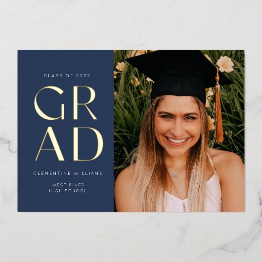 ネイビーブループレス箔グラッドブロック卒業箔 箔招待状 (正面)