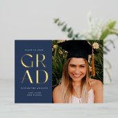 ネイビーブループレス箔グラッドブロック卒業箔 箔招待状 (立ち正面)