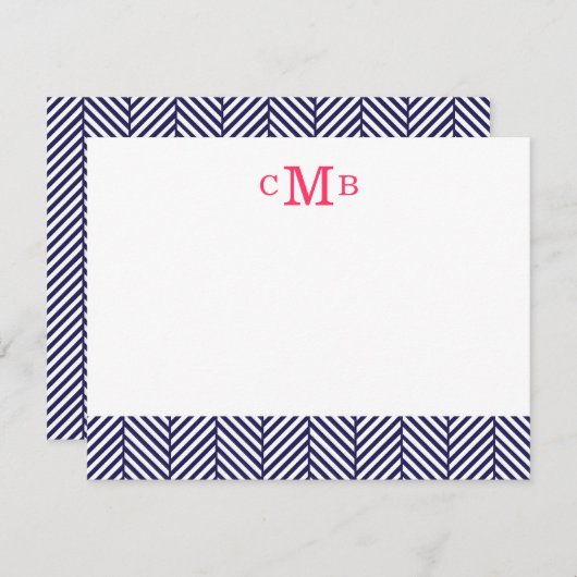 ネイビーブルーヘリンボーンカスタムモノグラム文房具 ノートカード (正面/裏面)