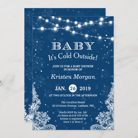 ネイビーブルーベビーその寒さ冬のベビーシャワー 招待状 (正面/裏面)