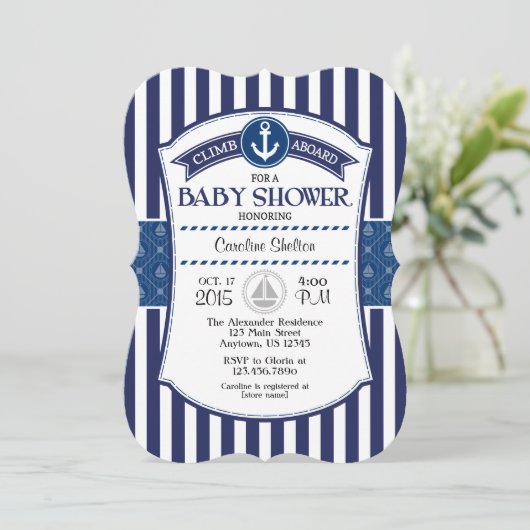 ネイビーブルーベビー航海のシャワー招待状 招待状 (スタンド正面)