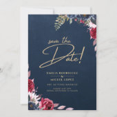 ネイビーブルーベリーフローラブルガンディーウィンター秋 招待状 (正面)