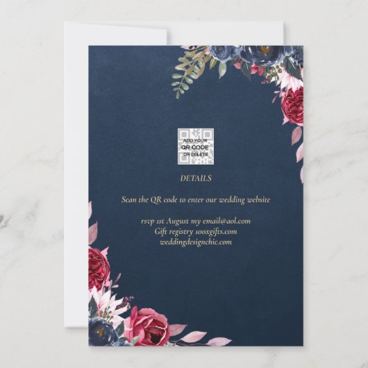 ネイビーブルーベリーフローラブルガンディーウィンター秋 招待状 (裏面)