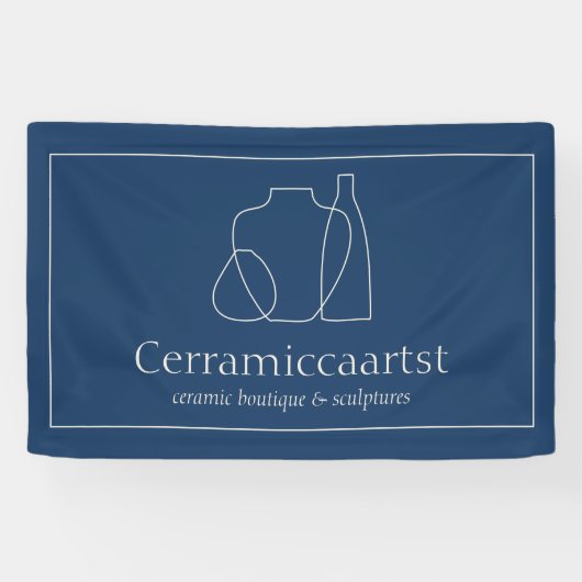 ネイビーブルーベージュ花瓶彫刻セラミック 横断幕 (横)