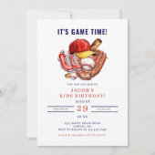 ネイビーブルーベースボールキッズ誕生日パーティー水彩 招待状 (正面)