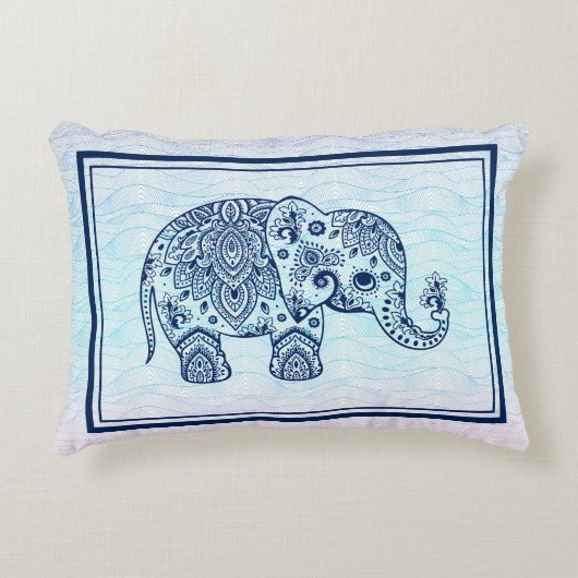 ネイビーブルーペイズリーゾウイラストレーション アクセントクッション (正面)
