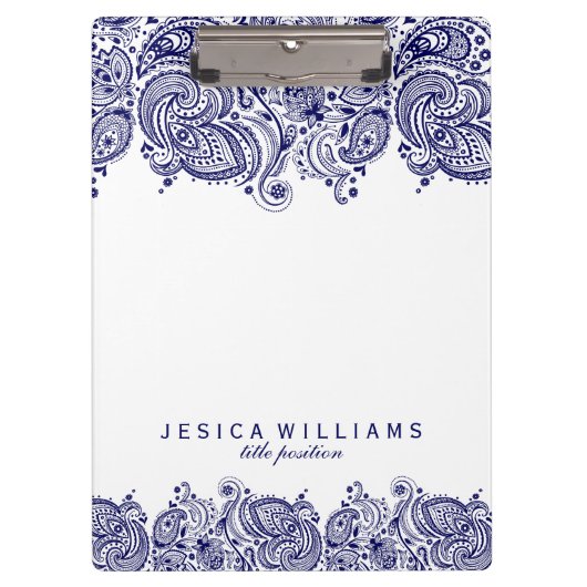 ネイビーブルーペイズリーレースホワイト背景 クリップボード (正面)