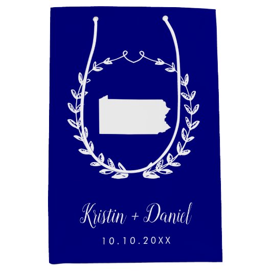 ネイビーブルーペンシルバニア結婚州地図の歓迎スワッグ ミディアムペーパーバッグ (正面)