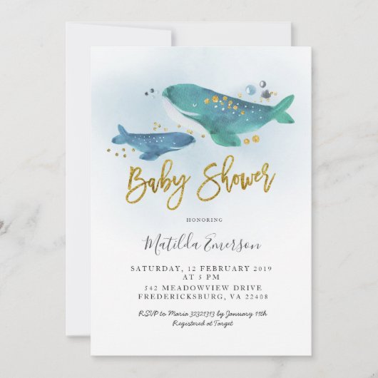 ネイビーブルーホエールベビーシャワー招待状 招待状 (正面)