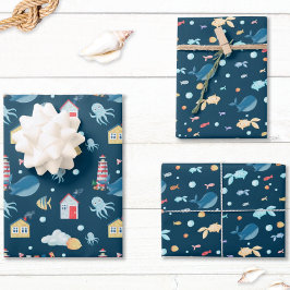 ネイビーブルーホエー航海のル ラッピングペーパーシート