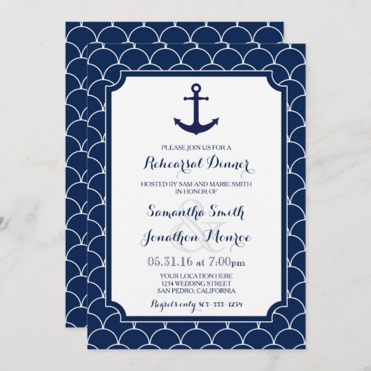 ネイビーブルーホタテ航海のロップリハーサルディナー 招待状 (正面/裏面)