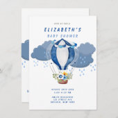 ネイビーブルーホットエアバルーンフローラボーイベビーシャワー 招待状 (正面/裏面)