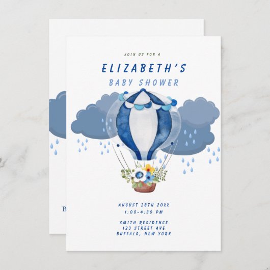 ネイビーブルーホットエアバルーンフローラボーイベビーシャワー 招待状 (正面/裏面)