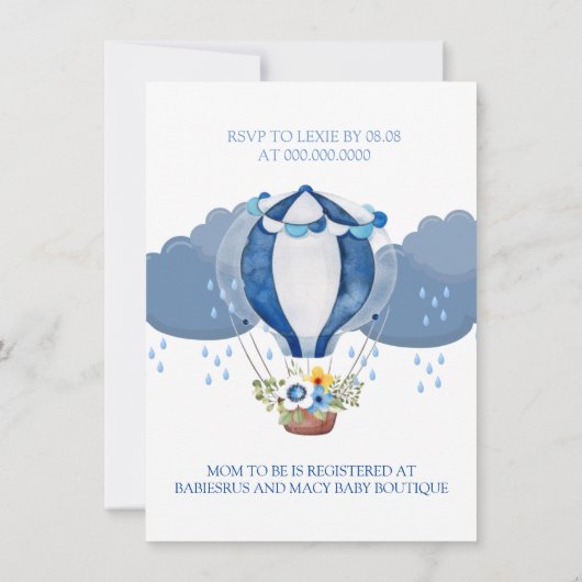 ネイビーブルーホットエアバルーンフローラボーイベビーシャワー 招待状 (裏面)
