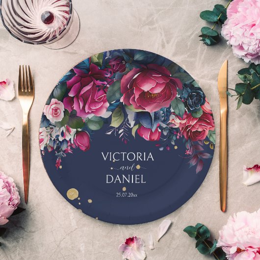 ネイビーブルーホットピンクパーソナライズされたバラ結婚ズ ペーパープレート