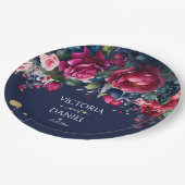 ネイビーブルーホットピンクパーソナライズされたバラ結婚ズ ペーパープレート (アングル)