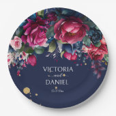 ネイビーブルーホットピンクパーソナライズされたバラ結婚ズ ペーパープレート (正面)