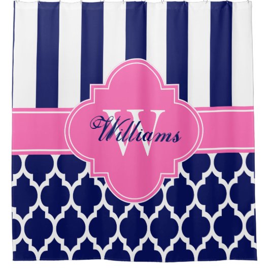ネイビーブルーホットピンクXLモロッコドストライプ#4CB1INR シャワーカーテン (正面)