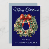 ネイビーブルーホリーベリークリスマスリース シーズンカード (正面/裏面)
