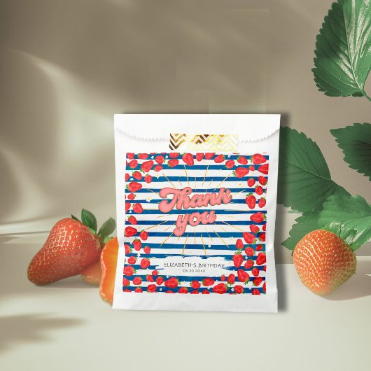 ネイビーブルーホワイトありがとう赤いちごパーティー フェイバーバッグ