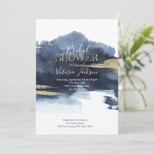 ネイビーブルーホワイトと金ゴールド水彩ブライダルシャワー 招待状 (スタンド正面)