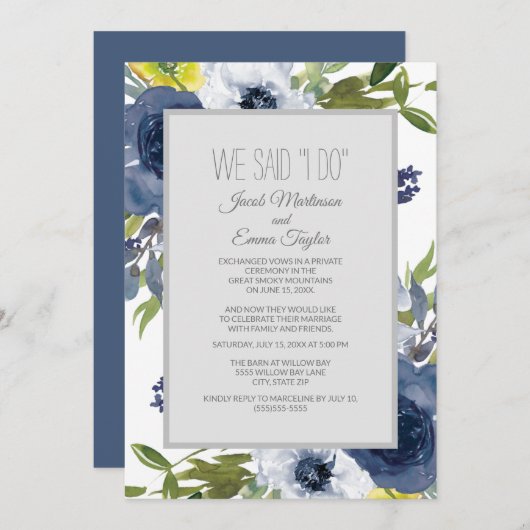 ネイビーブルーホワイトイエロー結婚フローラの駆け落ち 招待状 (正面/裏面)