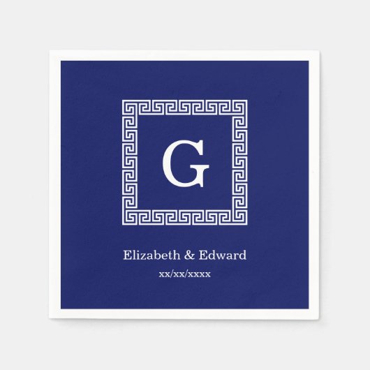 ネイビーブルーホワイトギリシャ鍵#1フレームモノグラム スタンダードカクテルナプキン (正面)