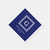 ネイビーブルーホワイトギリシャ鍵#1フレームモノグラム スタンダードカクテルナプキン (角)