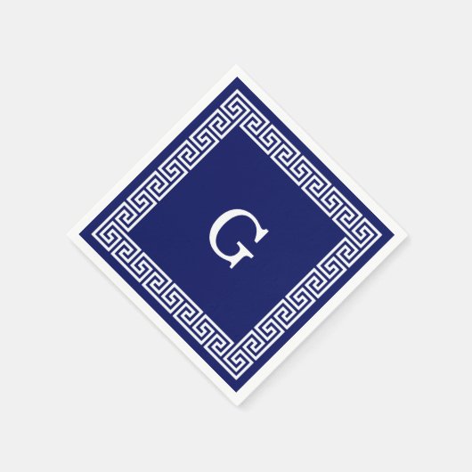 ネイビーブルーホワイトギリシャ鍵#1フレームモノグラム スタンダードカクテルナプキン (角)