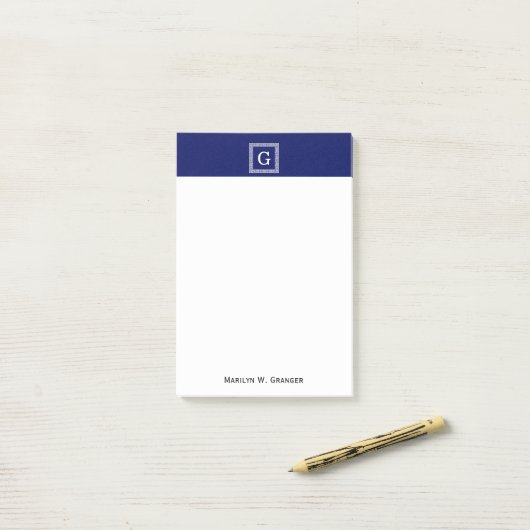 ネイビーブルーホワイトギリシャ鍵#1フレームモノグラム ポストイット (デスク上)