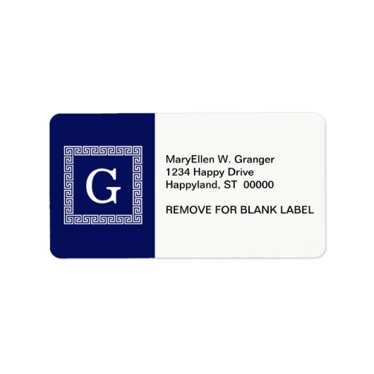 ネイビーブルーホワイトギリシャ鍵#1フレームモノグラム ラベル (正面)
