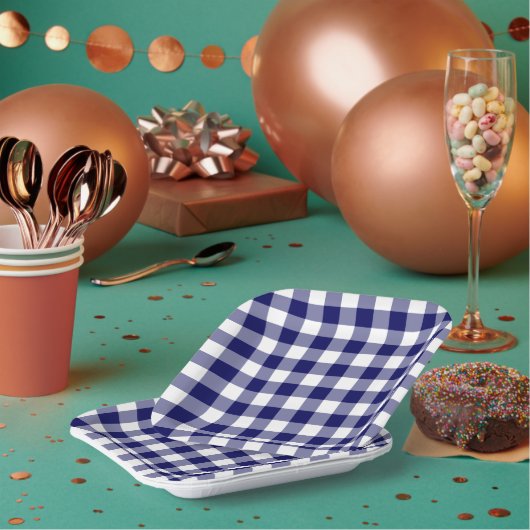 ネイビーブルーホワイトギンガムパターン ペーパープレート (複数)