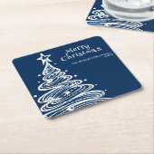 ネイビーブルーホワイトクリスマスツリーパーティー スクエアペーパーコースター (アングル)