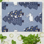 ネイビーブルーホワイトクリスマスツリーホリデーパターン キッチンタオル (折り畳み)