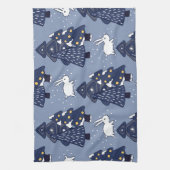 ネイビーブルーホワイトクリスマスツリーホリデーパターン キッチンタオル (縦)