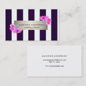 ネイビーブルーホワイトシックストライプヴィンテージフローラ 名刺 (正面/裏面)