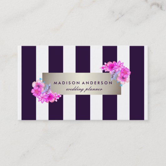 ネイビーブルーホワイトシックストライプヴィンテージフローラ 名刺 (正面)