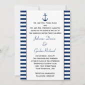 ネイビーブルーホワイトストライプいかり航海の結婚式 招待状 (正面)