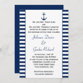 ネイビーブルーホワイトストライプいかり航海の結婚式 招待状 (正面/裏面)