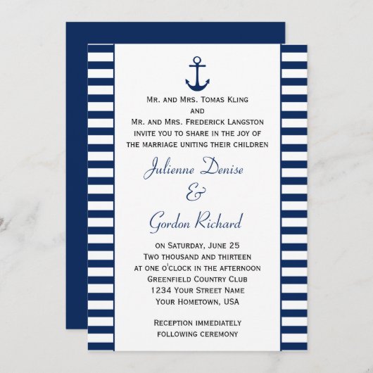 ネイビーブルーホワイトストライプいかり航海の結婚式 招待状 (正面/裏面)