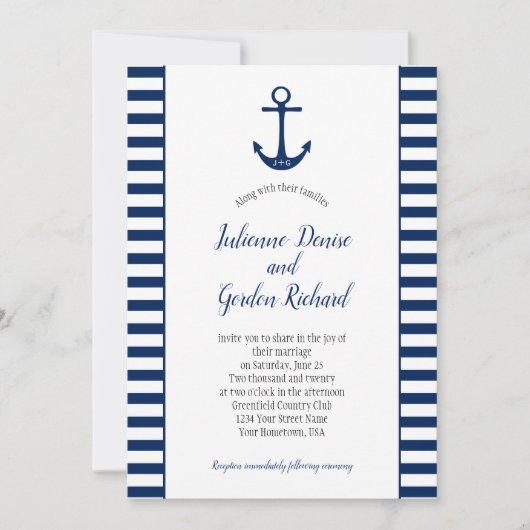 ネイビーブルーホワイトストライプいかり航海の結婚式 招待状 (正面)